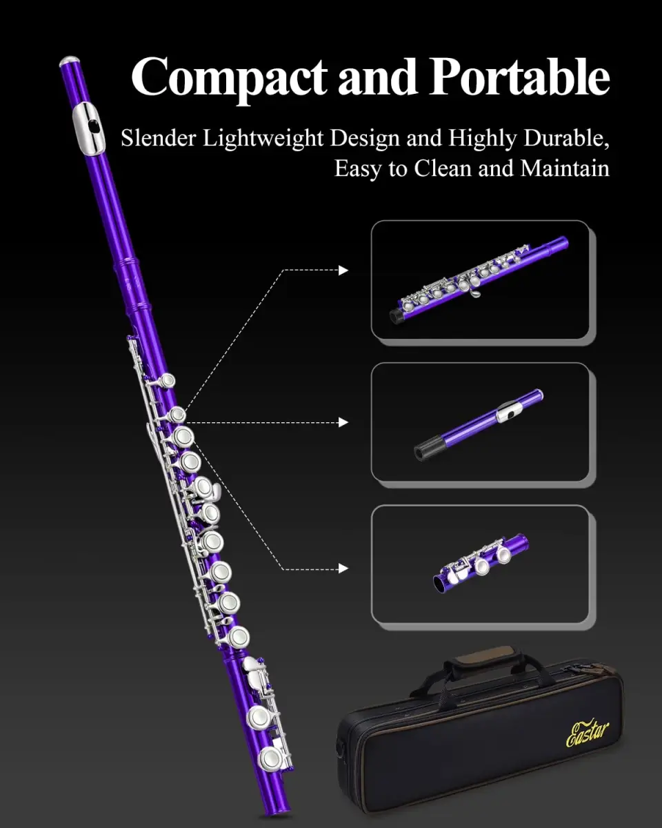 Eastar Closed Hole 16 Keys Flute for Beginner Kids Student with Fingering Chart, Cleaning Kit, Stand, Case, Gloves, Tuning Rod, Purple | Beginner Concert Flute - view 7