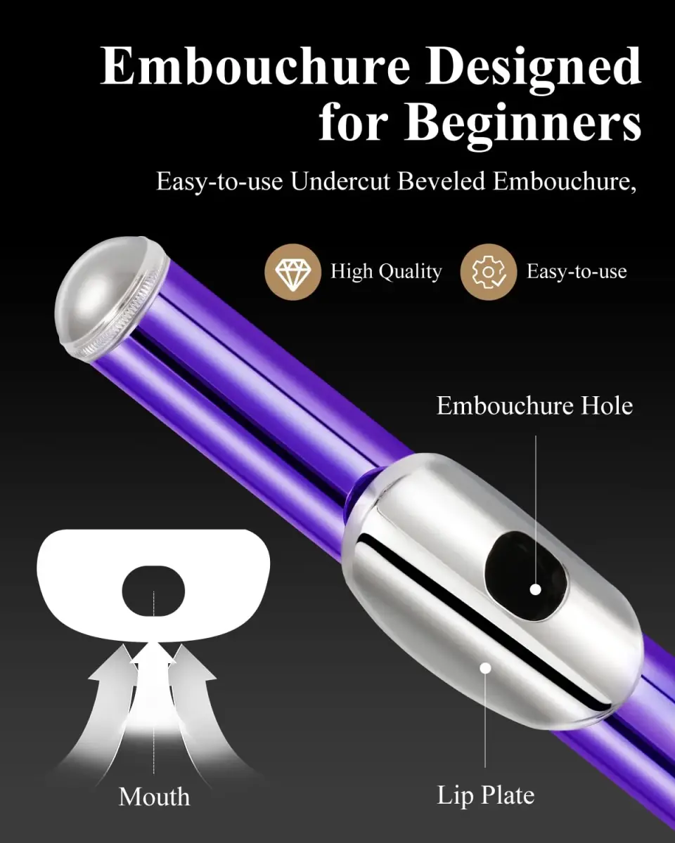 Eastar Closed Hole 16 Keys Flute for Beginner Kids Student with Fingering Chart, Cleaning Kit, Stand, Case, Gloves, Tuning Rod, Purple | Beginner Concert Flute - view 2