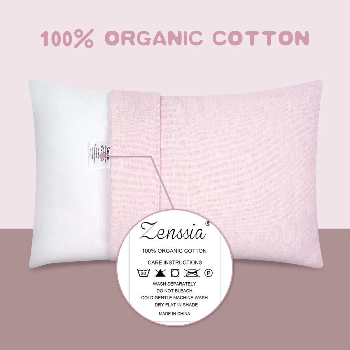 Zenssia Organic Cotton Toddler Pillow Case 13x18 Inches (33x46 cm), 2 Pack, Pink | Soft & Breathable for Baby & Toddler Sleep - view 2