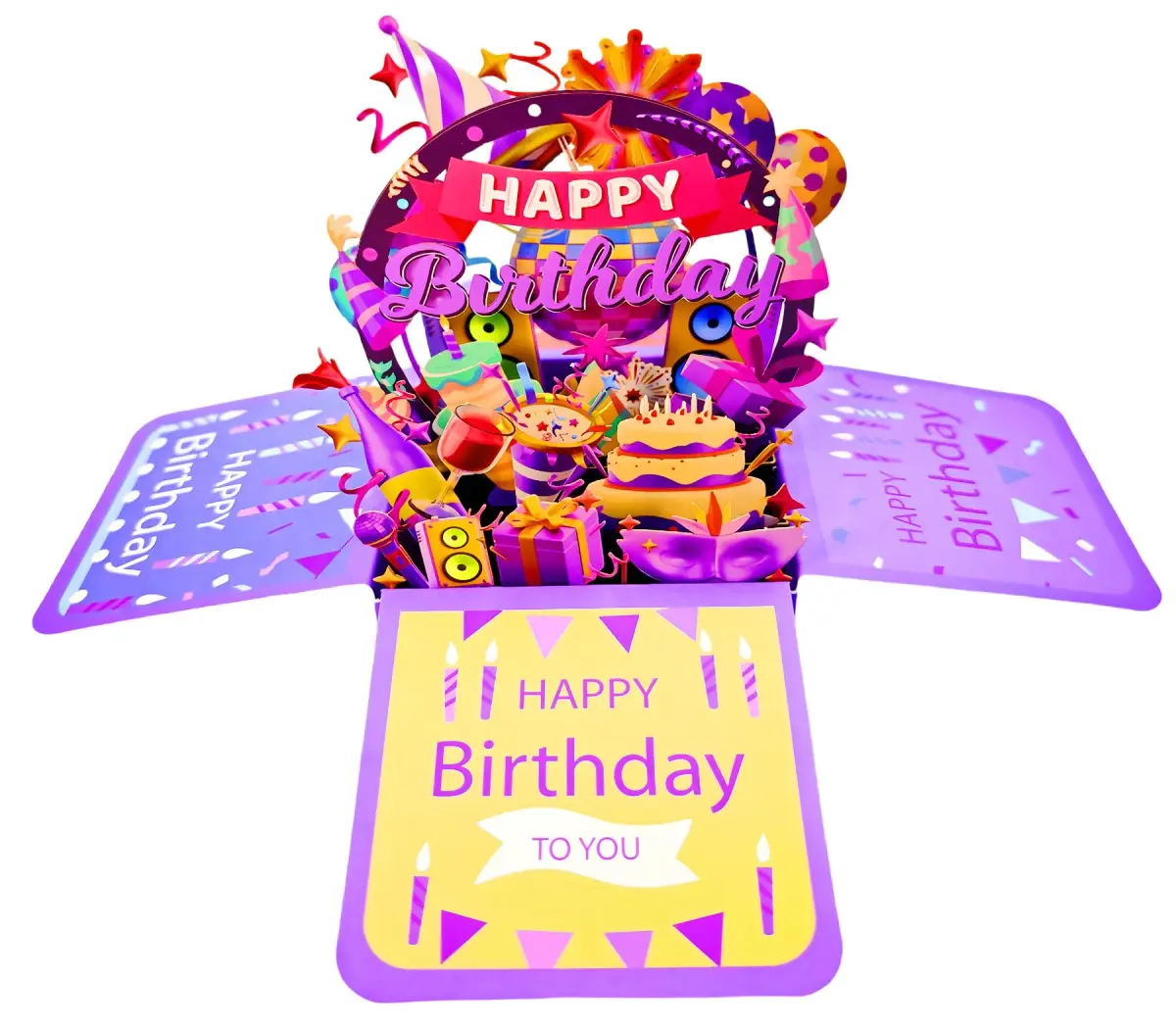 Akeydeco Purple 3D Pop Up Birthday Card with LED Light & Music - Handmade Musical Cake Design - main product image