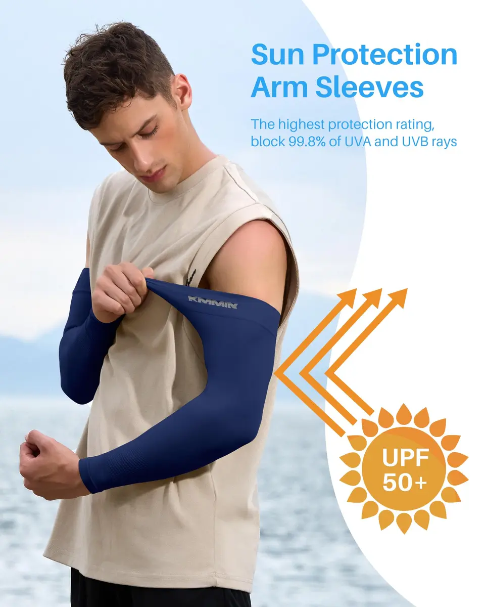 KMMIN UV Protection Arm Sleeves UPF 50 | Cooling & Compression for Driving, Cycling, Basketball, Men & Women (Navy/Beige) - view 2