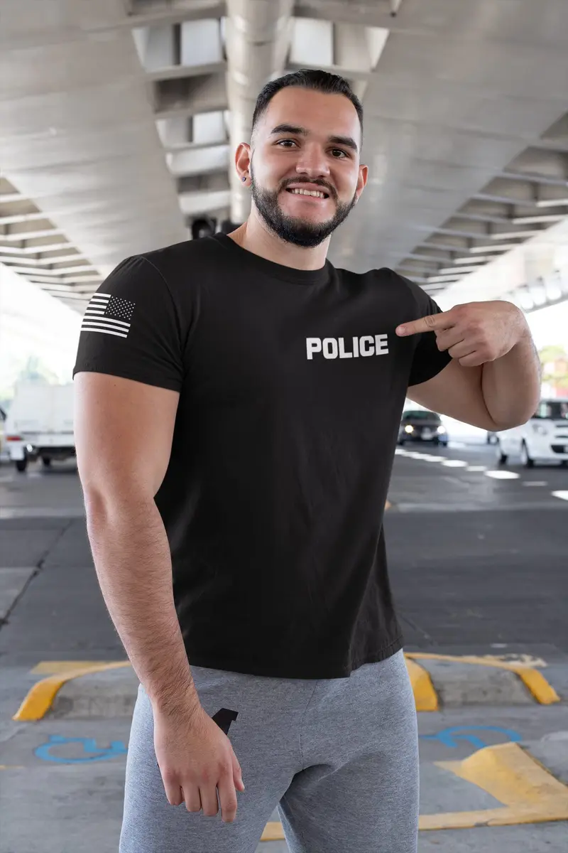 Promotion & Beyond Police Uniform Costume Halloween Unisex T-Shirt Medium Black | Police Graphic & USA Flag - view 2