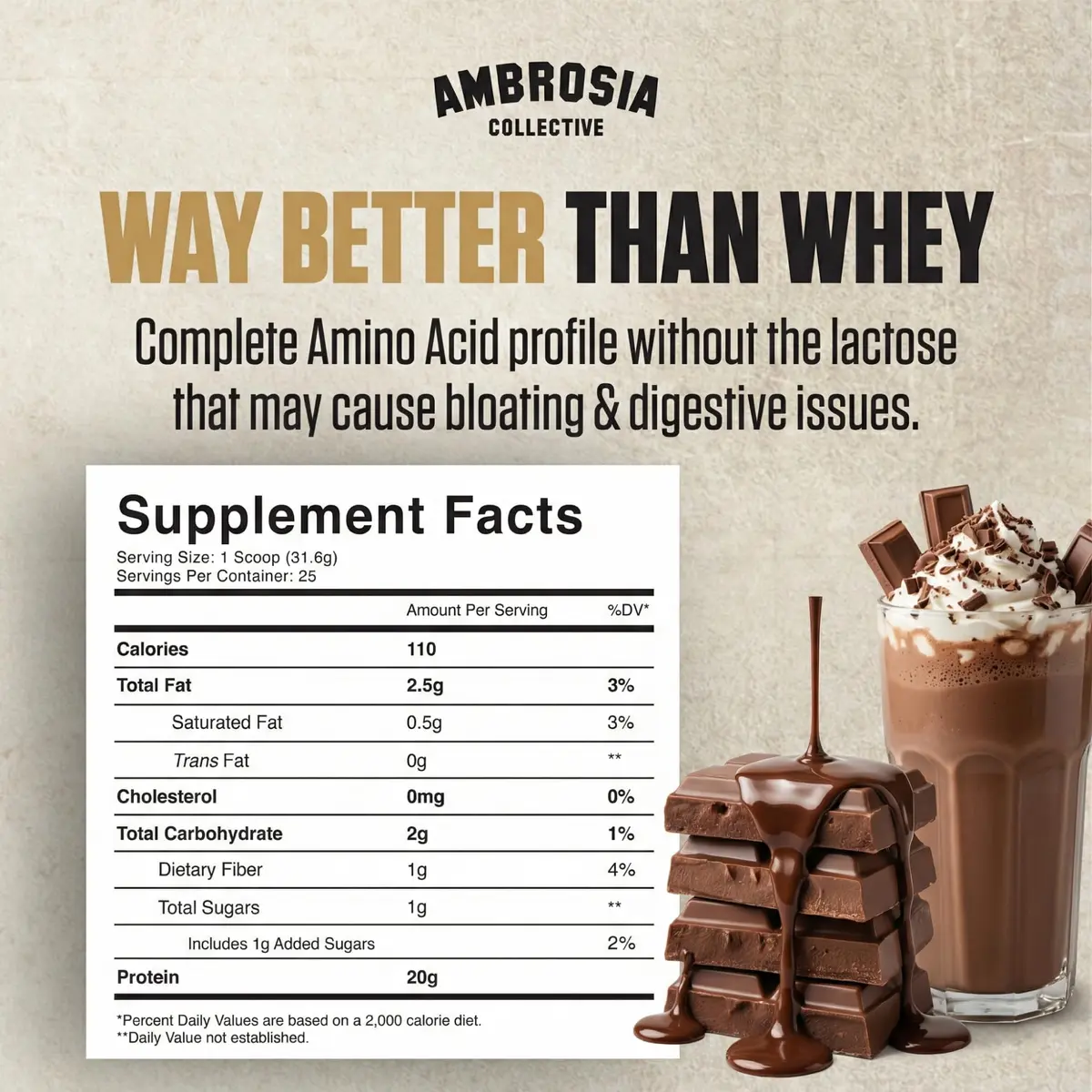 Ambrosia Plant Based Protein Powder 20g | Clean Vegan Pea Protein | Gluten & Dairy Free, Keto Friendly, No Added Sugar, 25 Servings - view 2