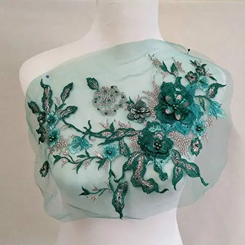 FEEPOP 3D Embroidered Patches Nail Bead Tulle Applique Flower Patch 35cm x 28cm | Wedding & Dress Decor - view 2