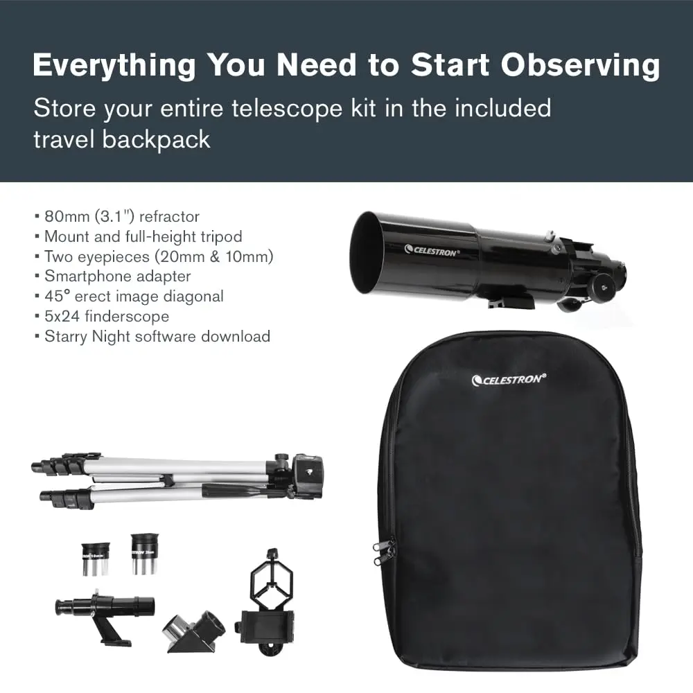 Celestron Travel Scope 80mm Refractor Telescope Kit with Backpack & Smartphone Adapter | Bright, Sharp Views for Beginners - view 3