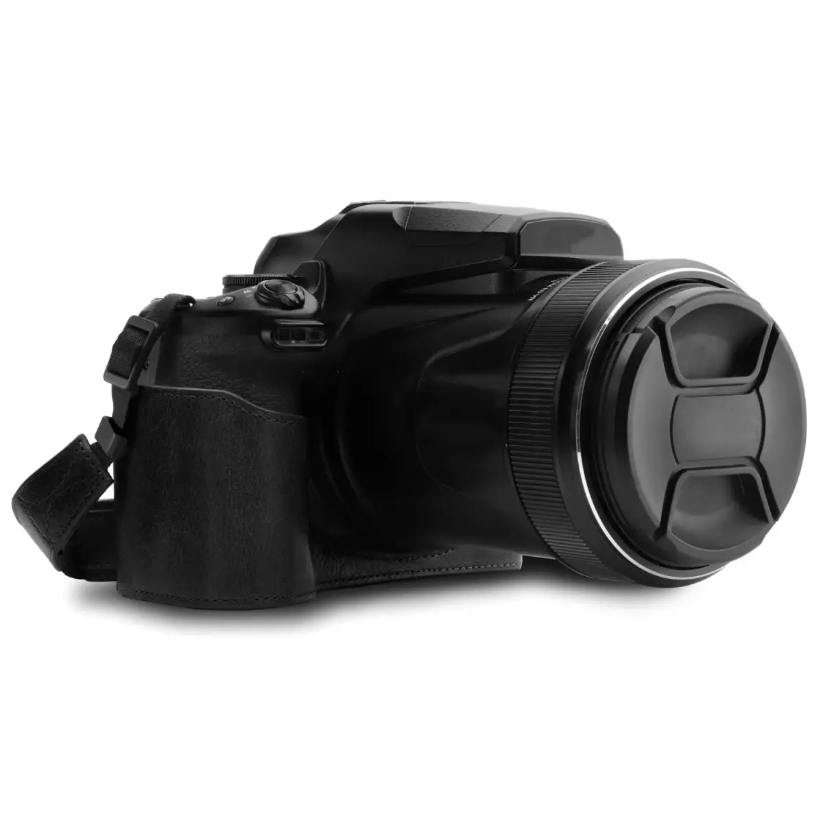 MegaGear Leather Camera Half Case & Strap Compatible with Nikon COOLPIX P1000, Black | Ever Ready Design - main product image