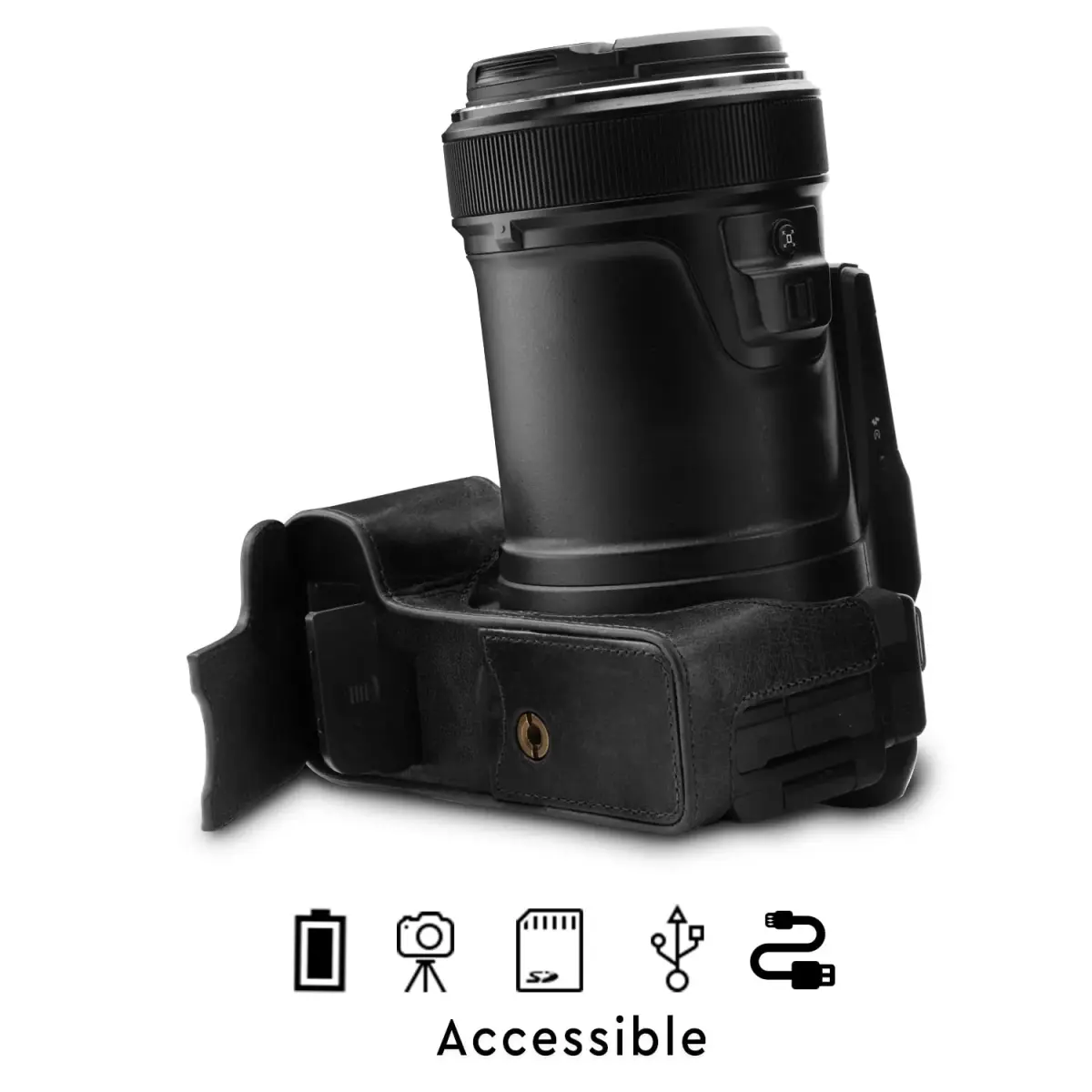 MegaGear Leather Camera Half Case & Strap Compatible with Nikon COOLPIX P1000, Black | Ever Ready Design - view 7
