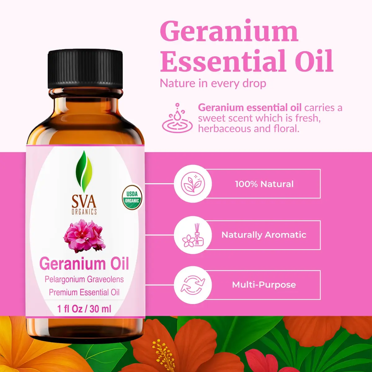 SVA ORGANICS Organic Geranium Essential Oil 1 Fl Oz (Pack of 1) | Pure & Natural Aromatherapy Oil - view 2