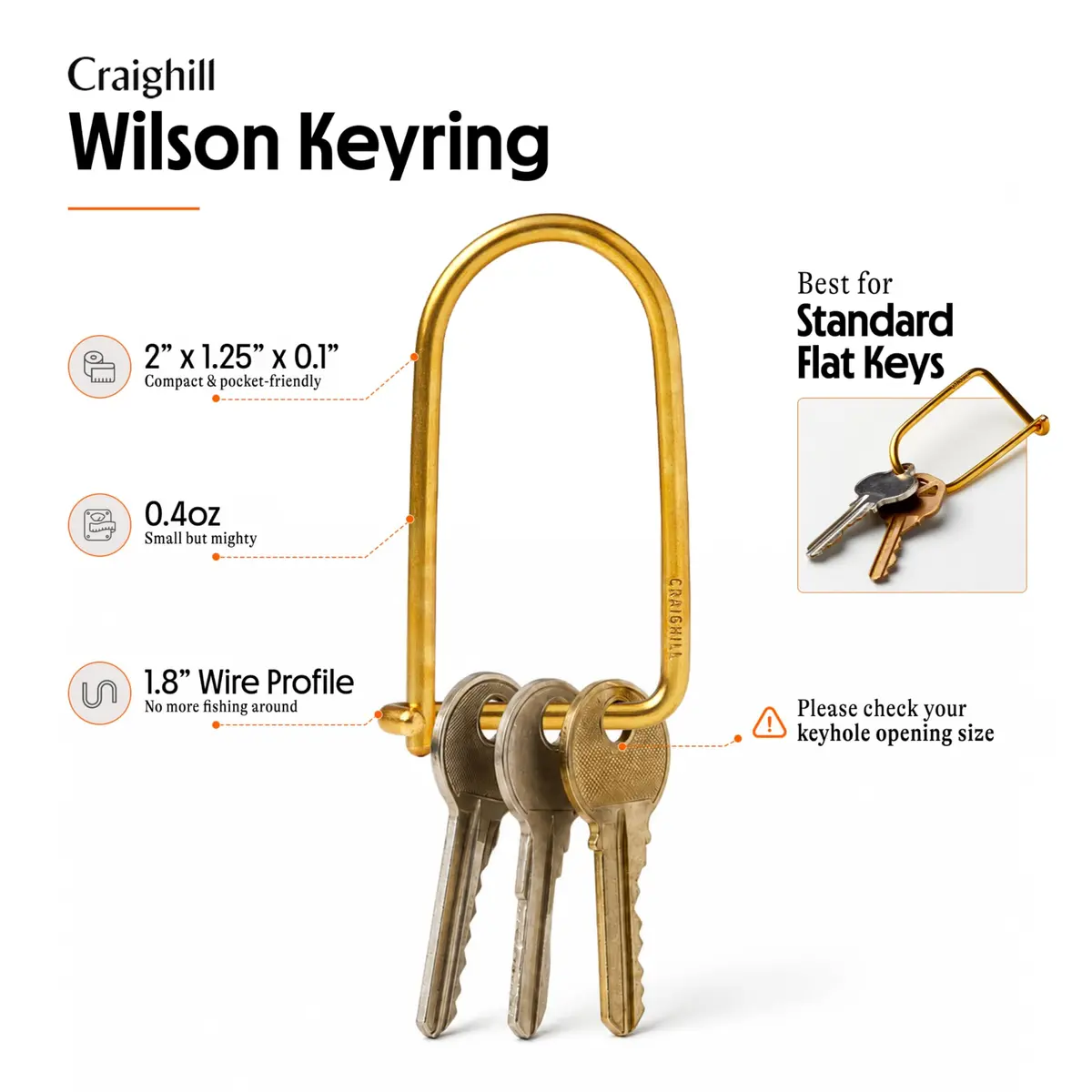 Craighill Wilson Brass Keyring - 2” Carabiner Keychain Clip, Lightweight, D Ring Organizer - view 2