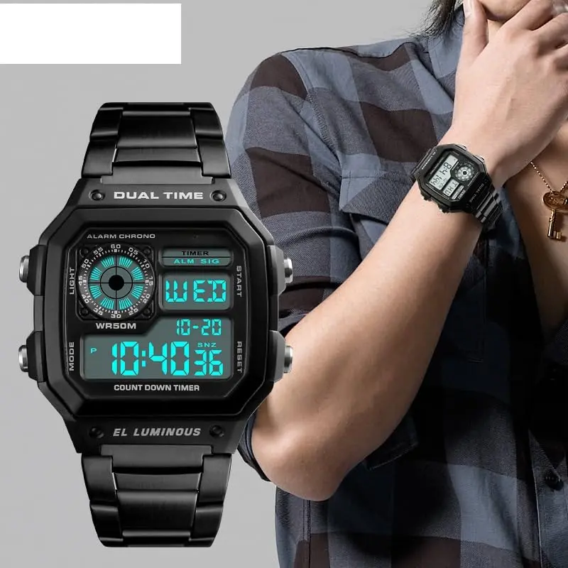 PASOY Men's Digital Sport Watch 43mm (1.7in) | Dual Time, Stopwatch, Countdown, 50M Water Resistant - view 7