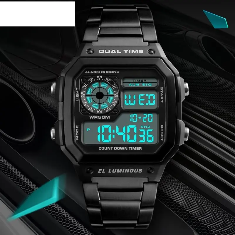 PASOY Men's Digital Sport Watch 43mm (1.7in) | Dual Time, Stopwatch, Countdown, Backlight, 50M Water Resistant - view 12