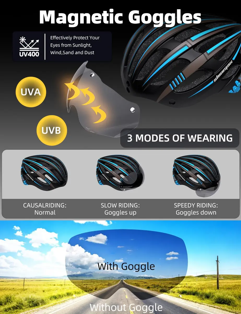 Shinmax Bike Helmet with 9-Mode Rechargeable Rear Light & Magnetic Goggles | Adult Cycling Safety Gear - view 4