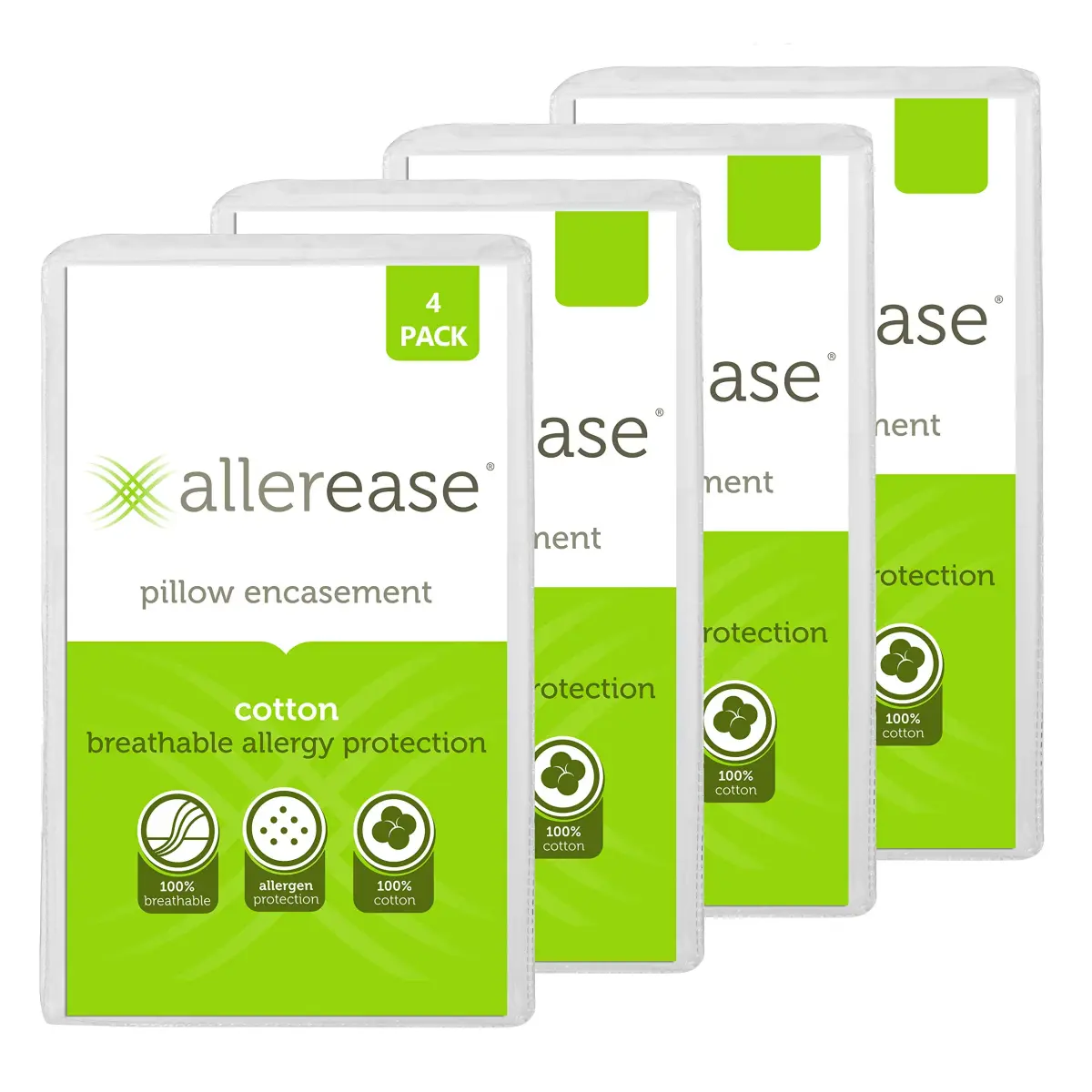 Aller-Ease 100% Cotton Allergy Pillow Protectors Standard 4 Pack | Zippered Breathable Barrier - main product image