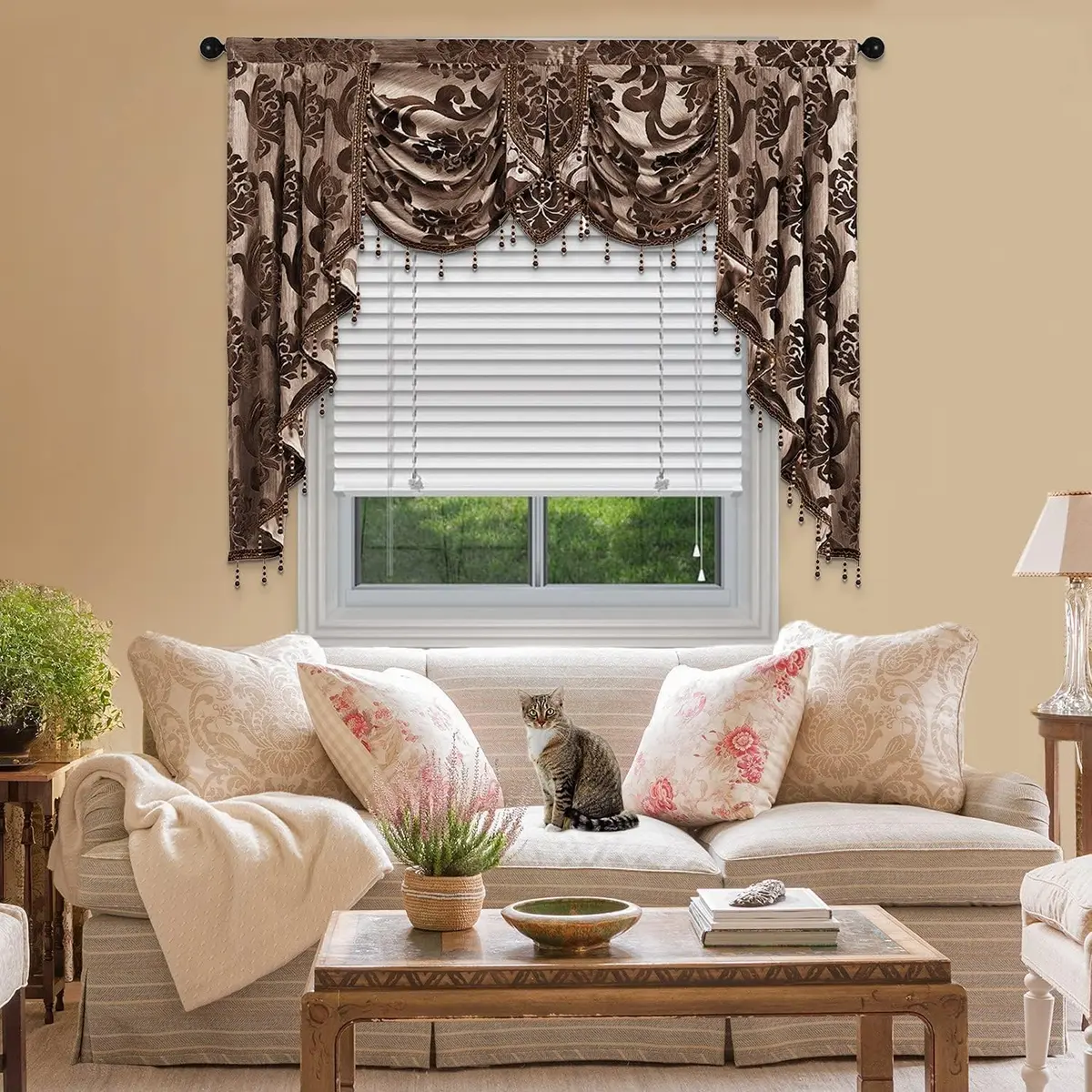 NAPEARL Window Valances for Living Room, Jacquard Damask Luxury Valance Curtains, 61-Inch Wide, Chocolate Brown | Waterfall Swags - main product image