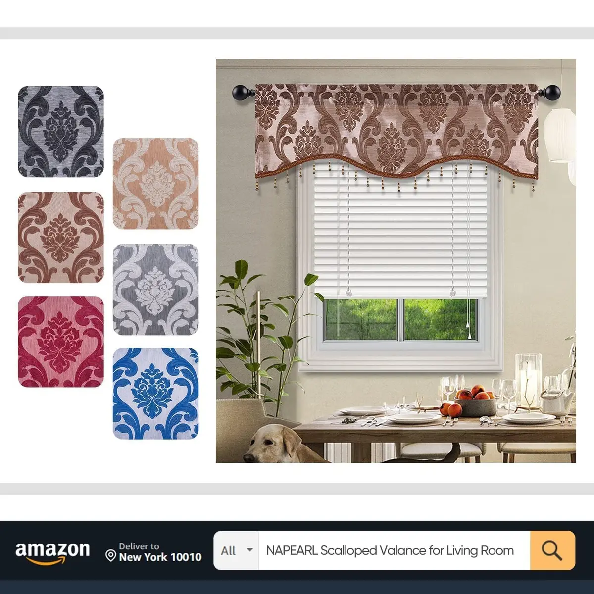 NAPEARL Window Valances for Living Room, Jacquard Damask Luxury Valance Curtains, 61-Inch Wide, Chocolate Brown | Waterfall Swags - view 7