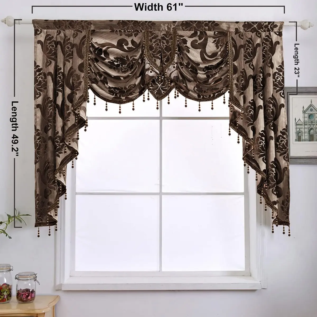 NAPEARL Window Valances for Living Room, Jacquard Damask Luxury Valance Curtains, 61-Inch Wide, Chocolate Brown | Waterfall Swags - view 2
