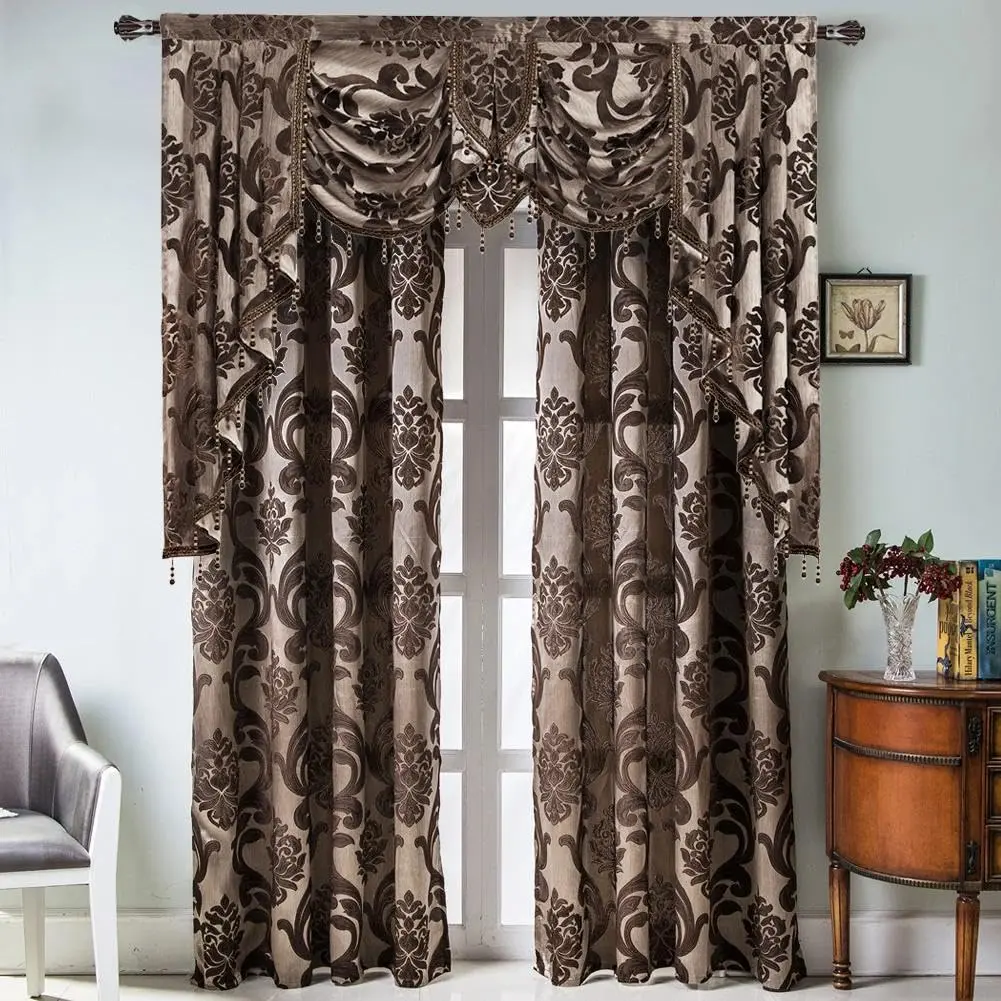 NAPEARL Window Valances for Living Room, Jacquard Damask Luxury Valance Curtains, 61-Inch Wide, Chocolate Brown | Waterfall Swags - view 3