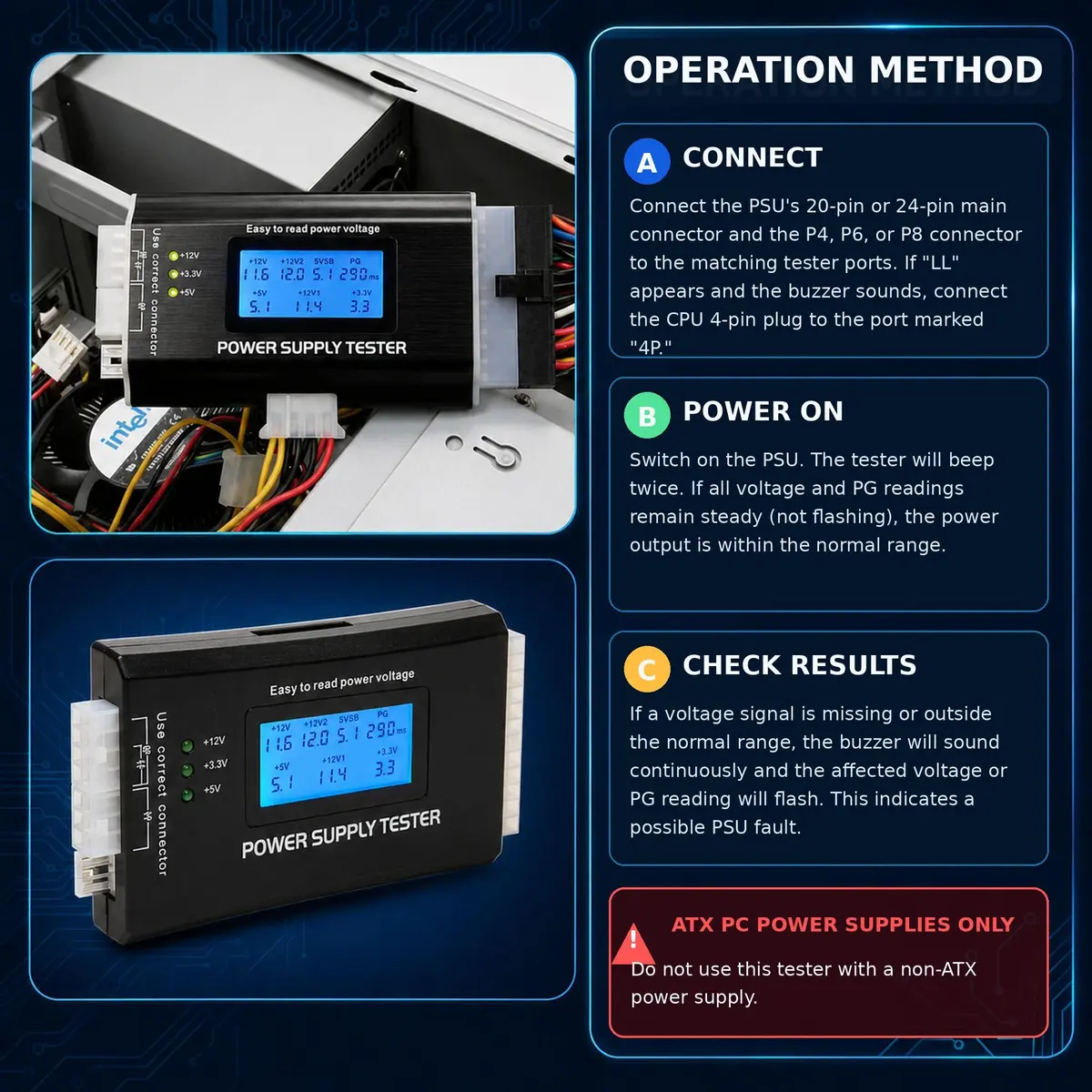 Comidox Power Supply Tester 20/24 Pin LCD | Detects PC Power Output & Faults - view 3