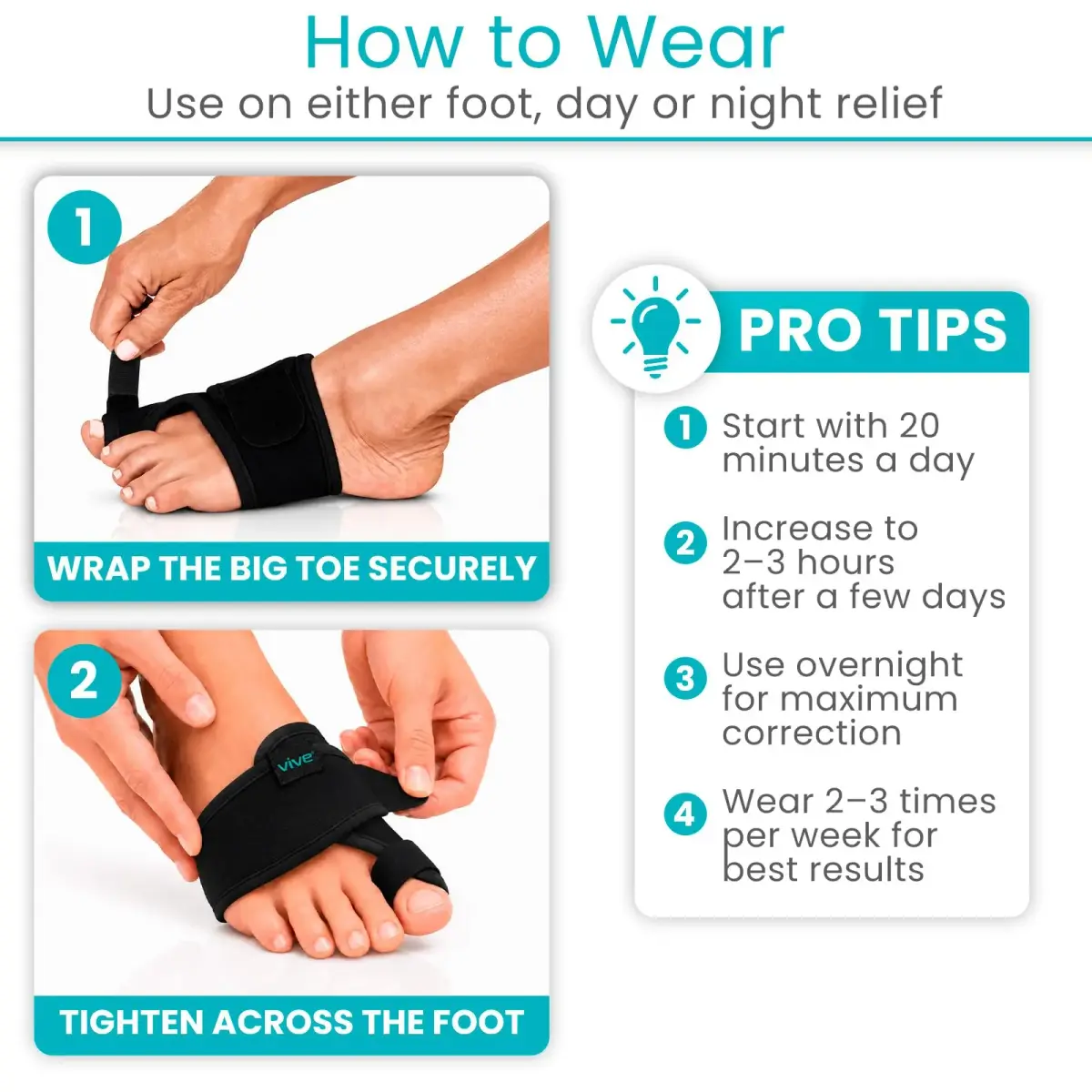 Vive Bunion Brace Pair - Big Toe Corrector Straightener with Aluminum Splint, Black - view 7