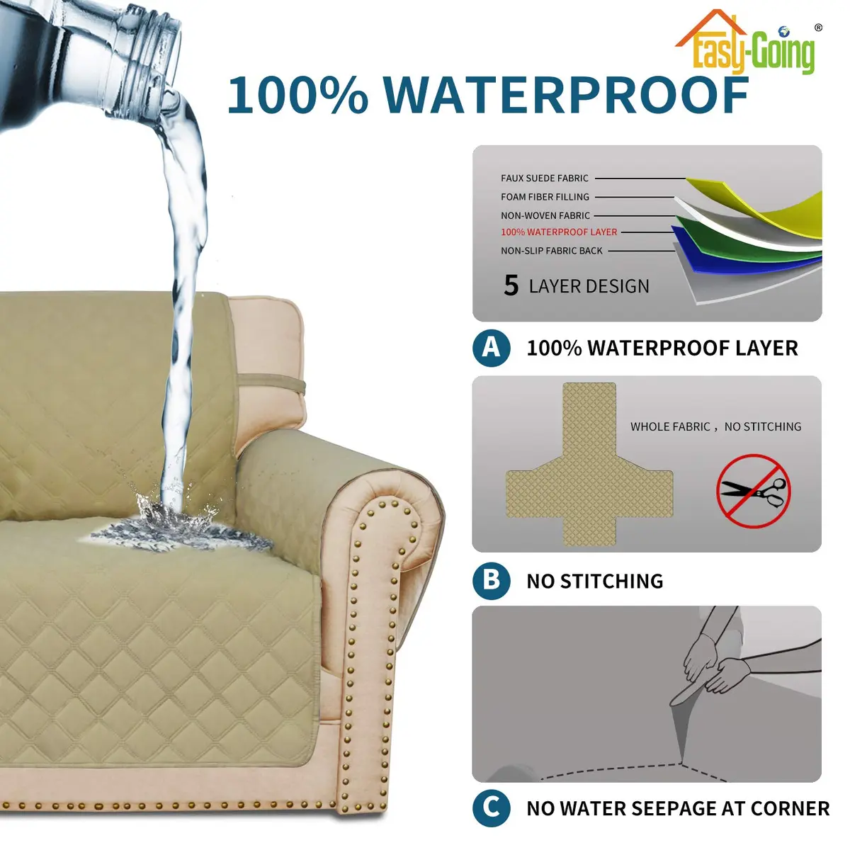 Easy-Going Waterproof Non-Slip Couch Cover Small Chair Sand | 100% Waterproof, Anti-Slip, Machine Washable - view 3