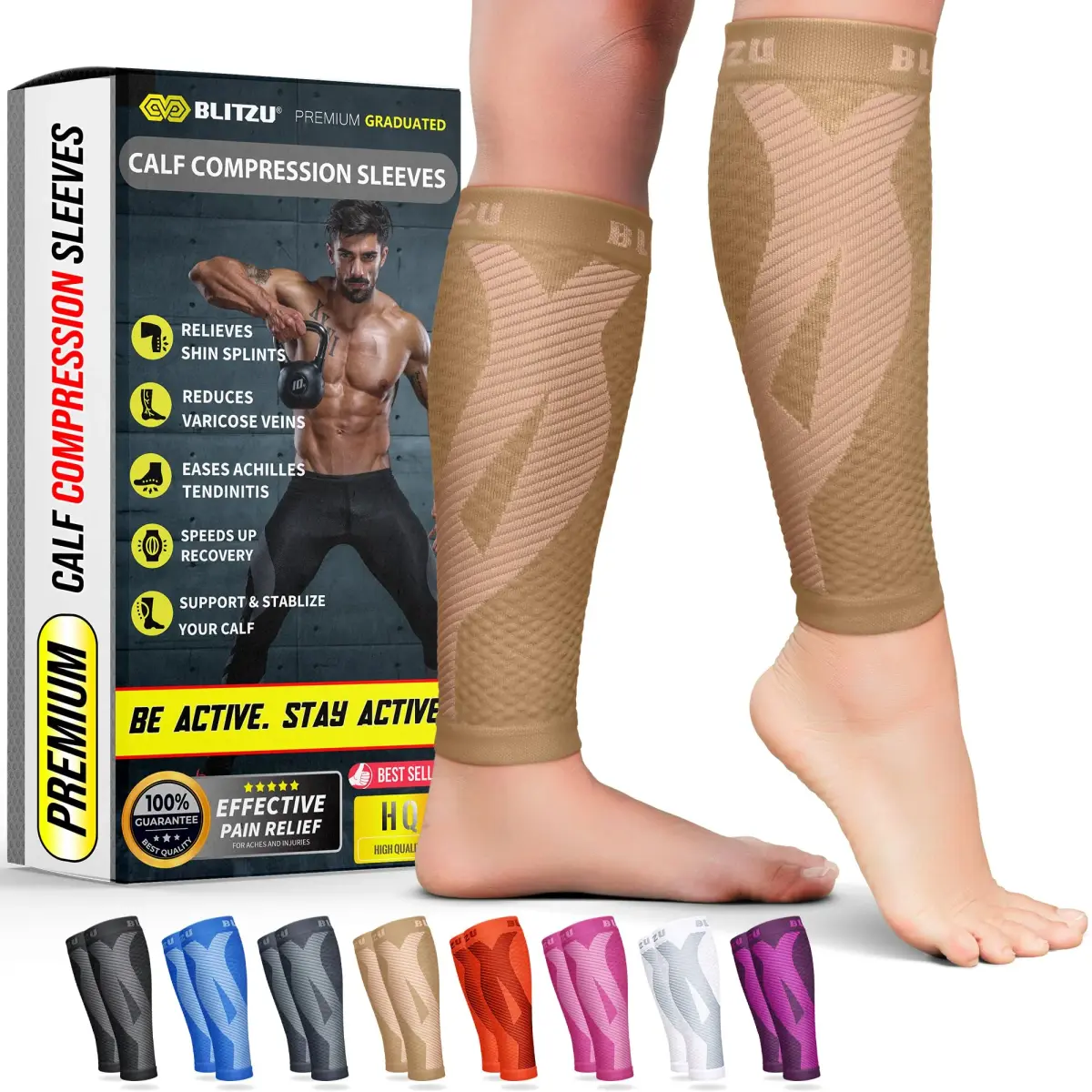 BLITZU Nude Calf Compression Sleeves - Small/Medium | Orthopedic Brace for Shin Splints & Varicose Veins - main product image