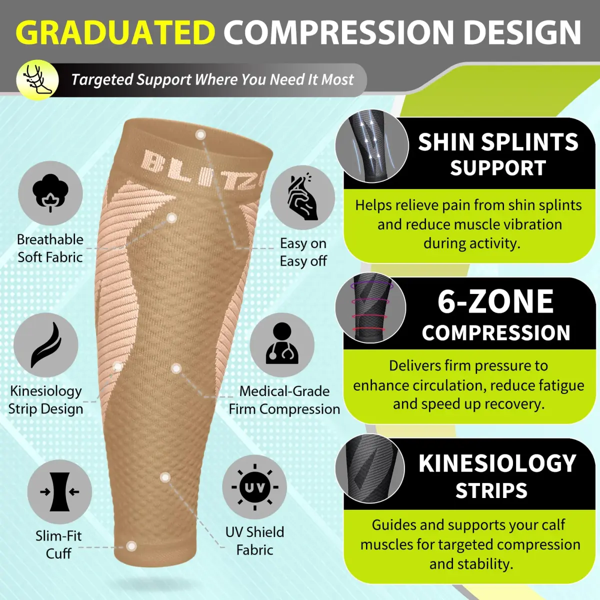 BLITZU Nude Calf Compression Sleeves - Small/Medium | Orthopedic Brace for Shin Splints & Varicose Veins - view 3