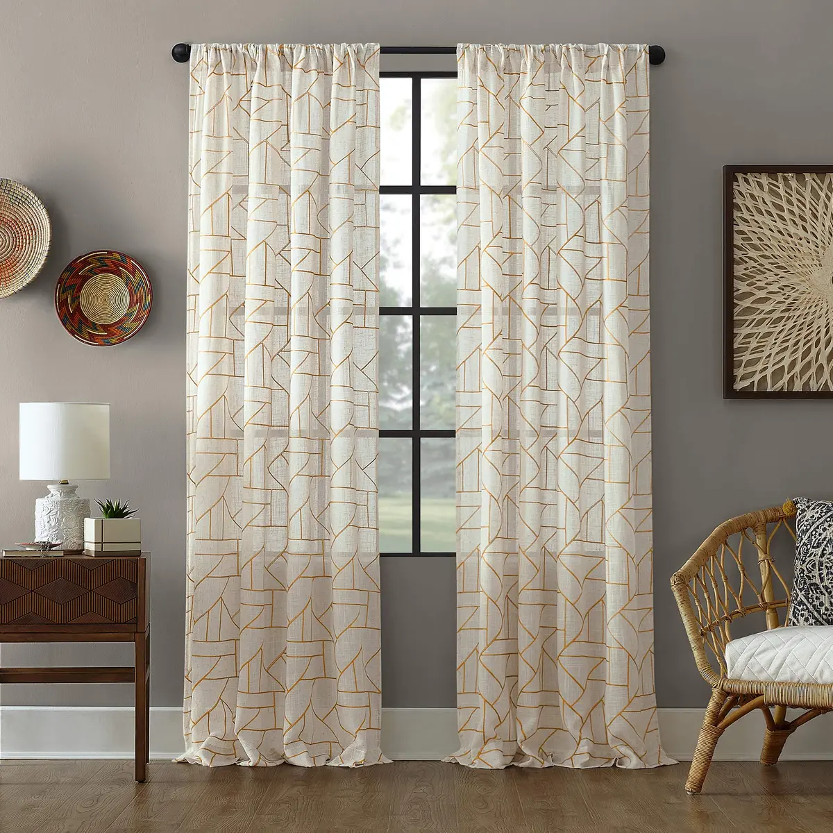 Archaeo Natural Linen Blend Curtain 50" x 95" | Geometric Embroidery for Modern Homes - main product image