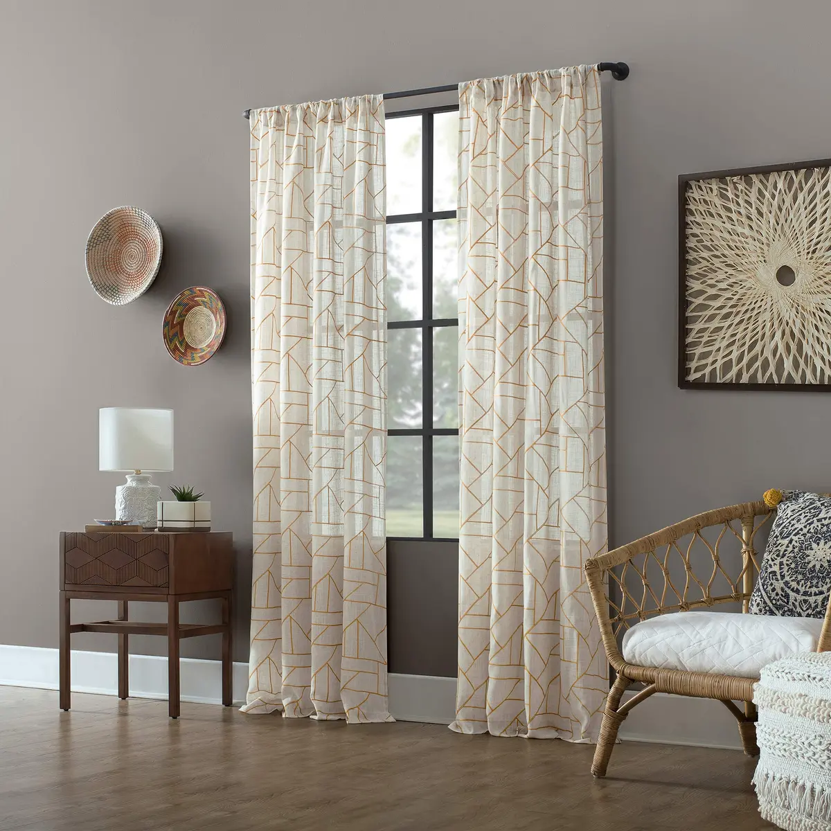Archaeo Natural Linen Blend Curtain 50" x 95" | Geometric Embroidery for Modern Homes - view 5