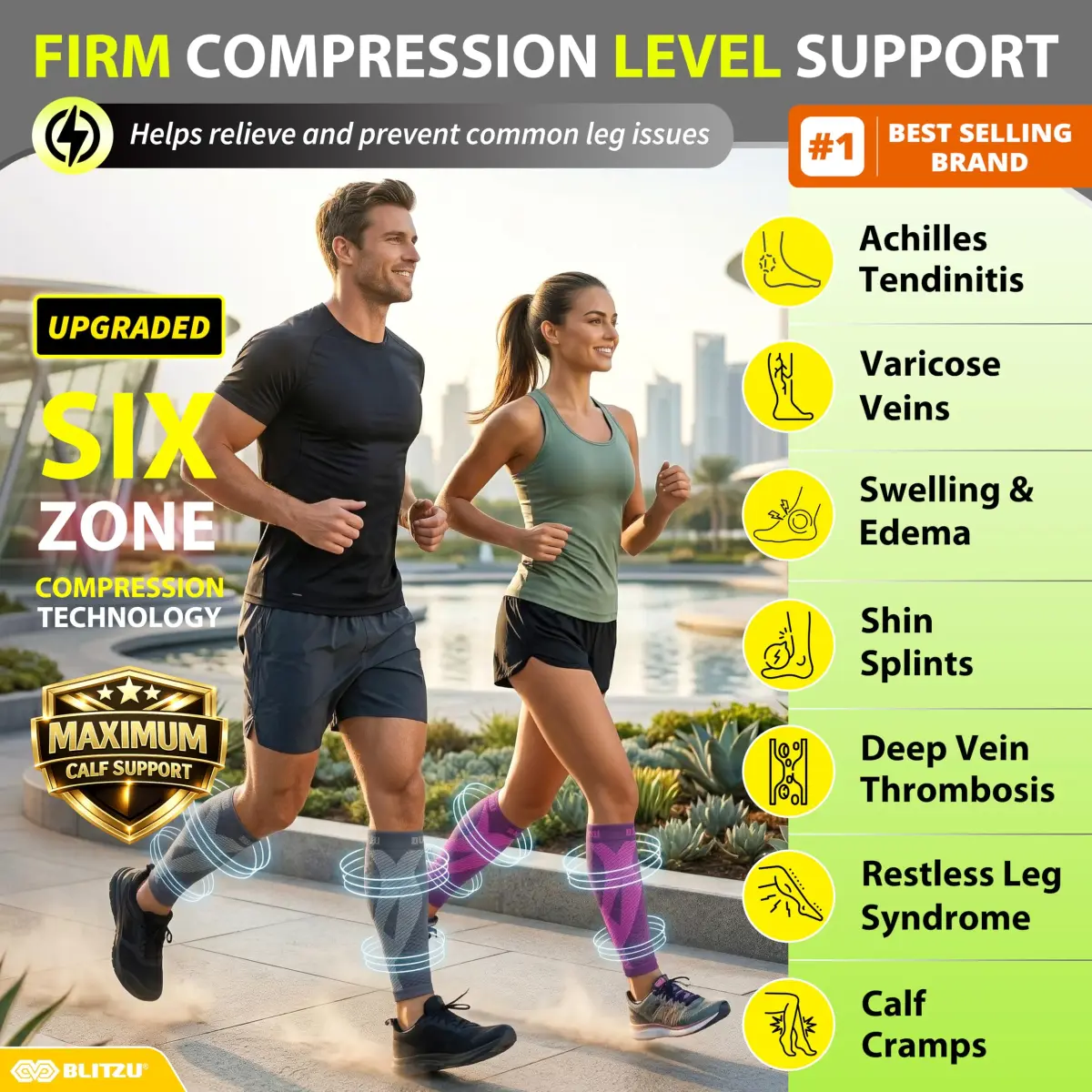 BLITZU Calf Compression Sleeves Gray Large/X-Large | Orthopedic Brace for Shin Splints & Varicose Veins - view 2