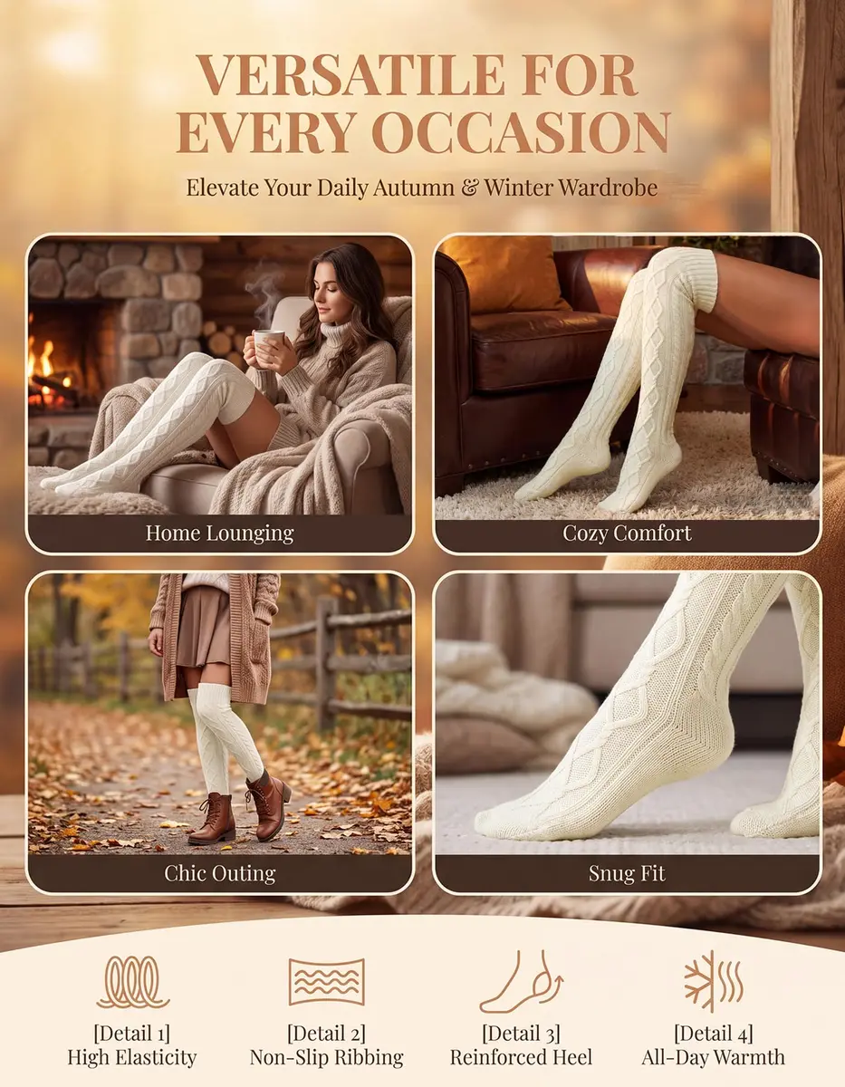 Leoparts Women's Cable Knit Thigh High Socks Over Knee Leg Warmer Stockings | Versatile Winter Stockings for Women - view 6