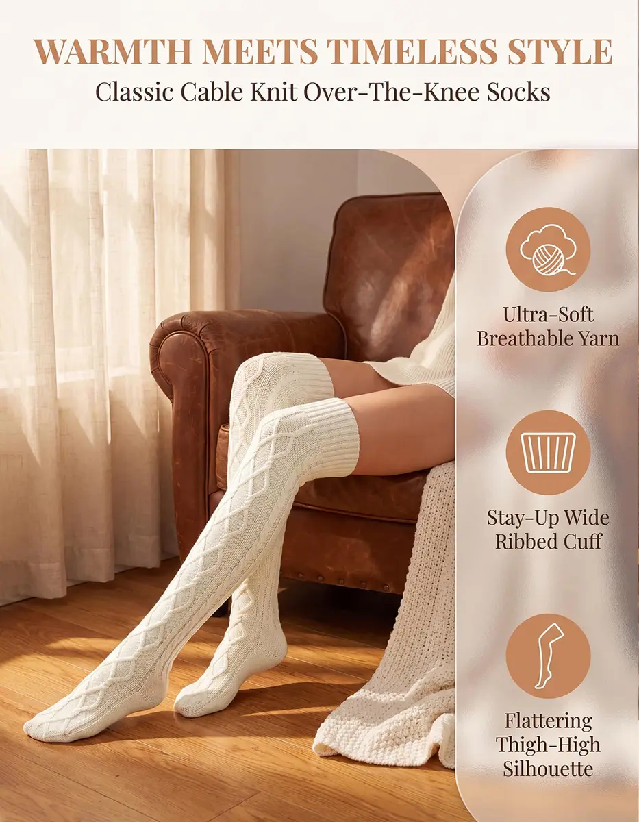 Leoparts Women's Cable Knit Thigh High Socks Over Knee Leg Warmer Stockings | Versatile Winter Stockings for Women - view 4