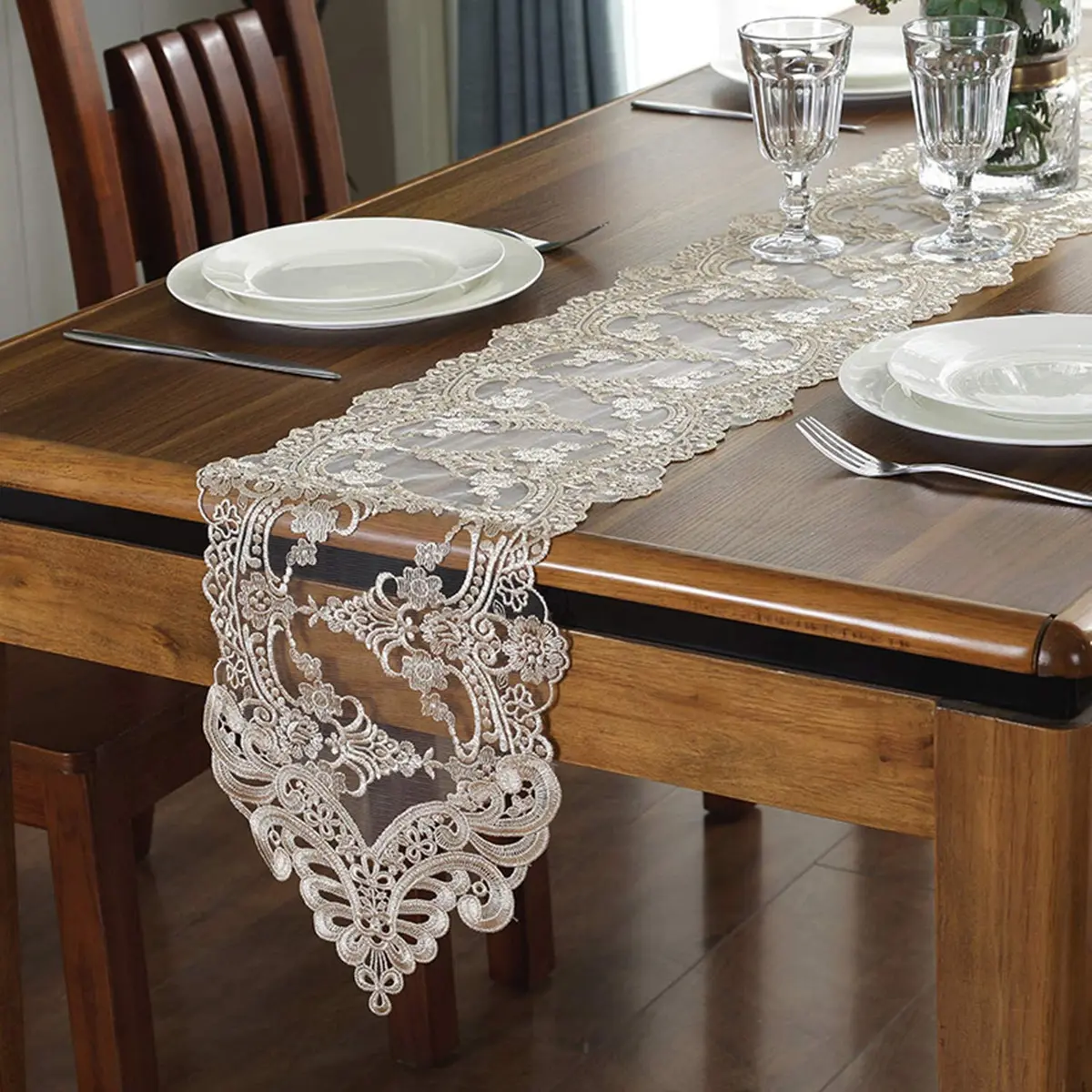 Gleamique Lace Table Runner and Dresser Scarf Floral Champagne 10 x 60 Inches | Elegant Vintage Lace Decor - main product image