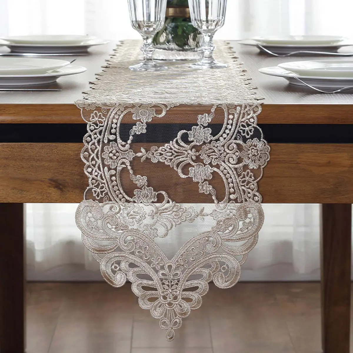 Gleamique Lace Table Runner and Dresser Scarf Floral Champagne 10 x 60 Inches | Elegant Vintage Lace Decor - view 2