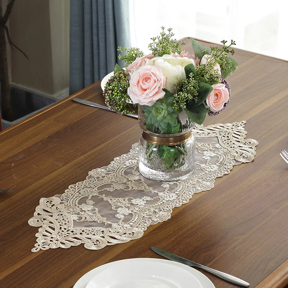 Gleamique Lace Table Runner and Dresser Scarf Floral Champagne 10 x 60 Inches | Elegant Vintage Lace Decor - view 3