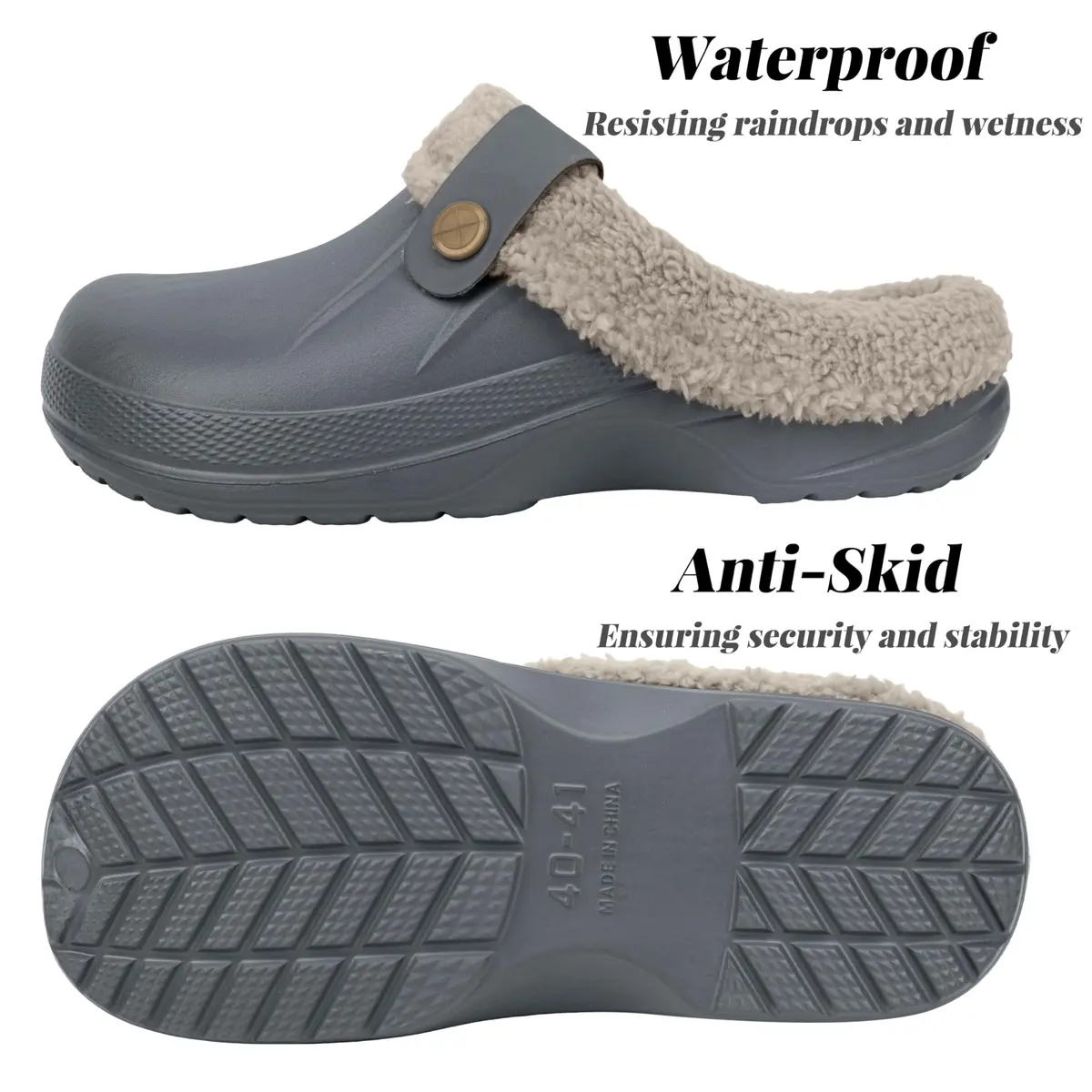 ChayChax Fur Lined Clogs Fuzzy Slippers for Women and Men, Grey, 11-11.5W/9.5-10M | Ultra Warm Indoor Outdoor Comfort - view 7