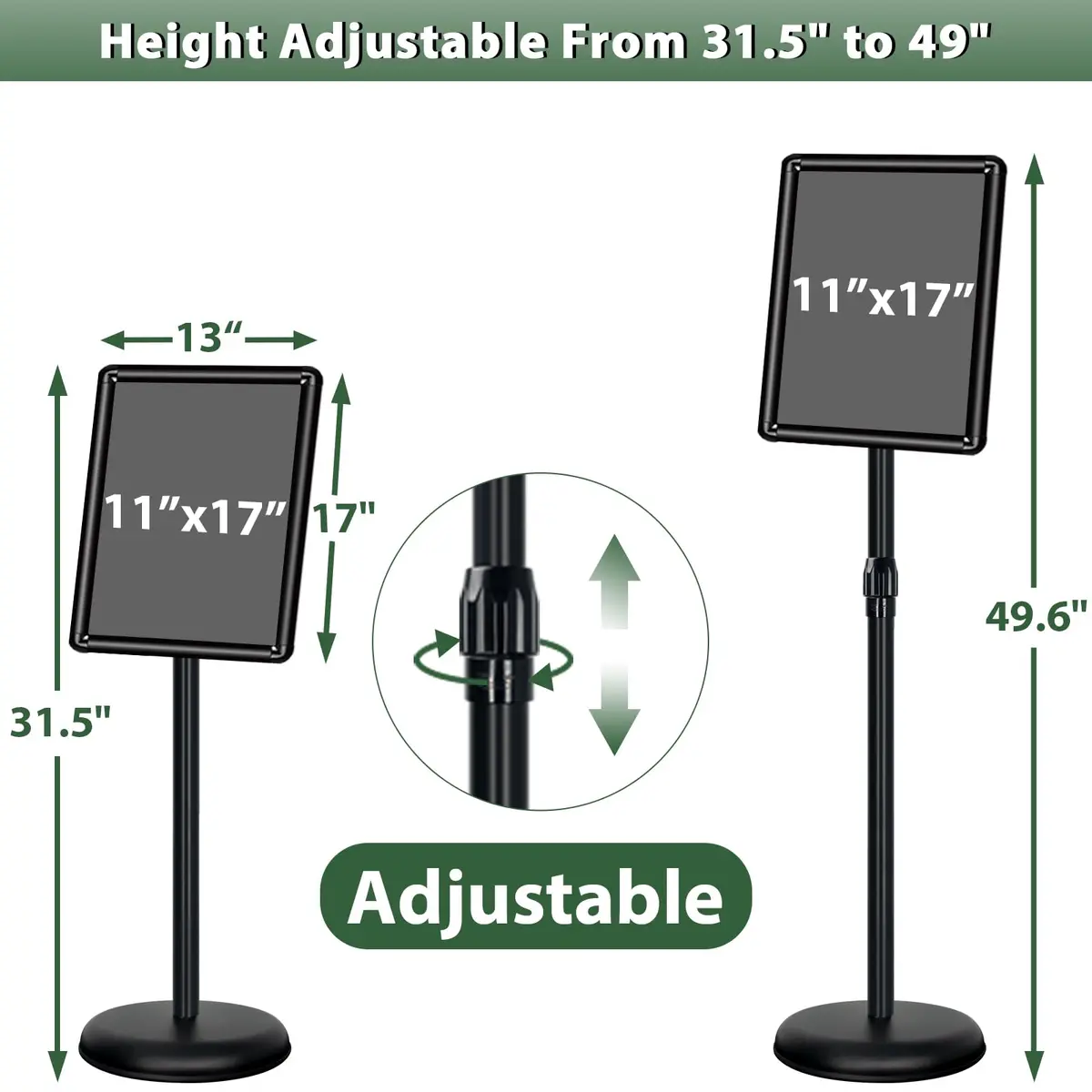 Mutualsign 11 x 17" Pedestal Sign Holder, Adjustable Floor Standing Display Stand, Aluminum & Stainless Steel, Black - view 2