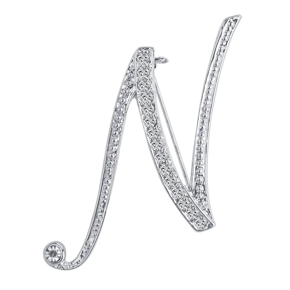Liasun 26 Letters Brooches Silver Plated Metal Broaches Pins-Clear Crystal Initial Breastpin (1pcs-N) | Elegant Letter Brooch for Women - main product image