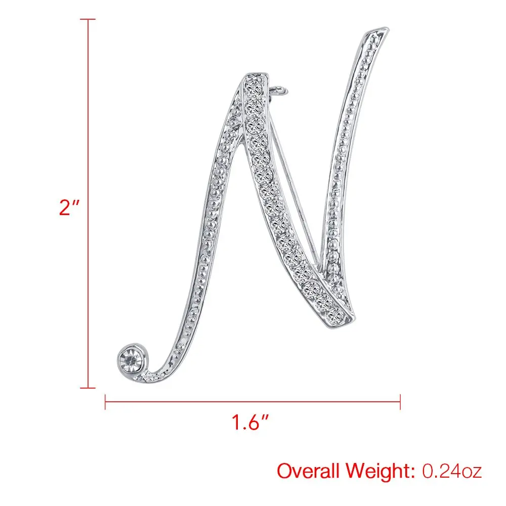 Liasun 26 Letters Brooches Silver Plated Metal Broaches Pins-Clear Crystal Initial Breastpin (1pcs-N) | Elegant Letter Brooch for Women - view 2