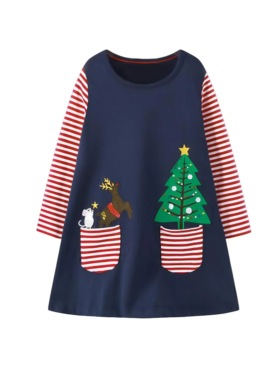 HILEELANG Toddler Girl Dress Christmas Navy Blue Deer Elk Long Sleeve Cotton 3T | Festive Cotton Dress for Girls - main product image