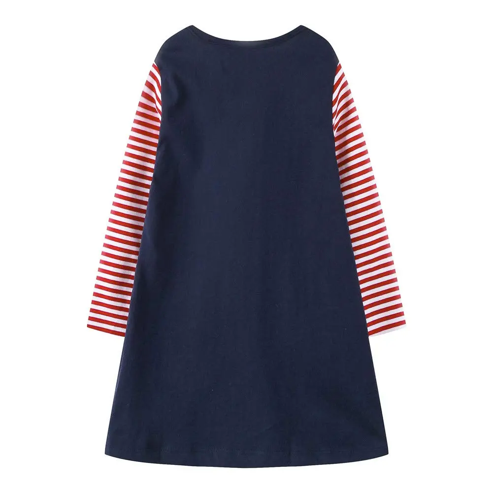 HILEELANG Toddler Girl Dress Christmas Navy Blue Deer Elk Long Sleeve Cotton 3T | Festive Cotton Dress for Girls - view 2