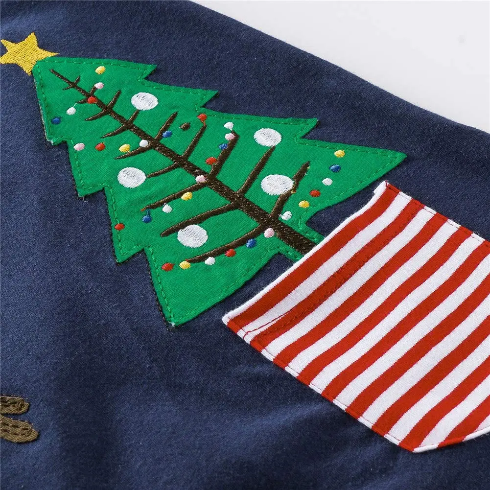 HILEELANG Toddler Girl Dress Christmas Navy Blue Deer Elk Long Sleeve Cotton 3T | Festive Cotton Dress for Girls - view 3