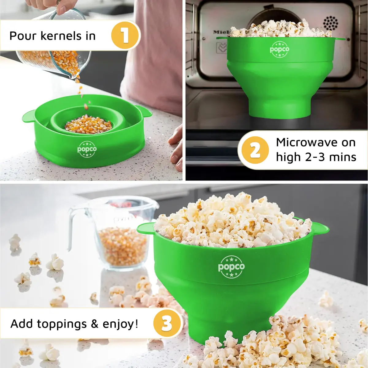 POPCO Silicone Popcorn Popper Large 15 Cup Capacity Green | Collapsible Microwave Popcorn Maker with Handles & Lid - view 5