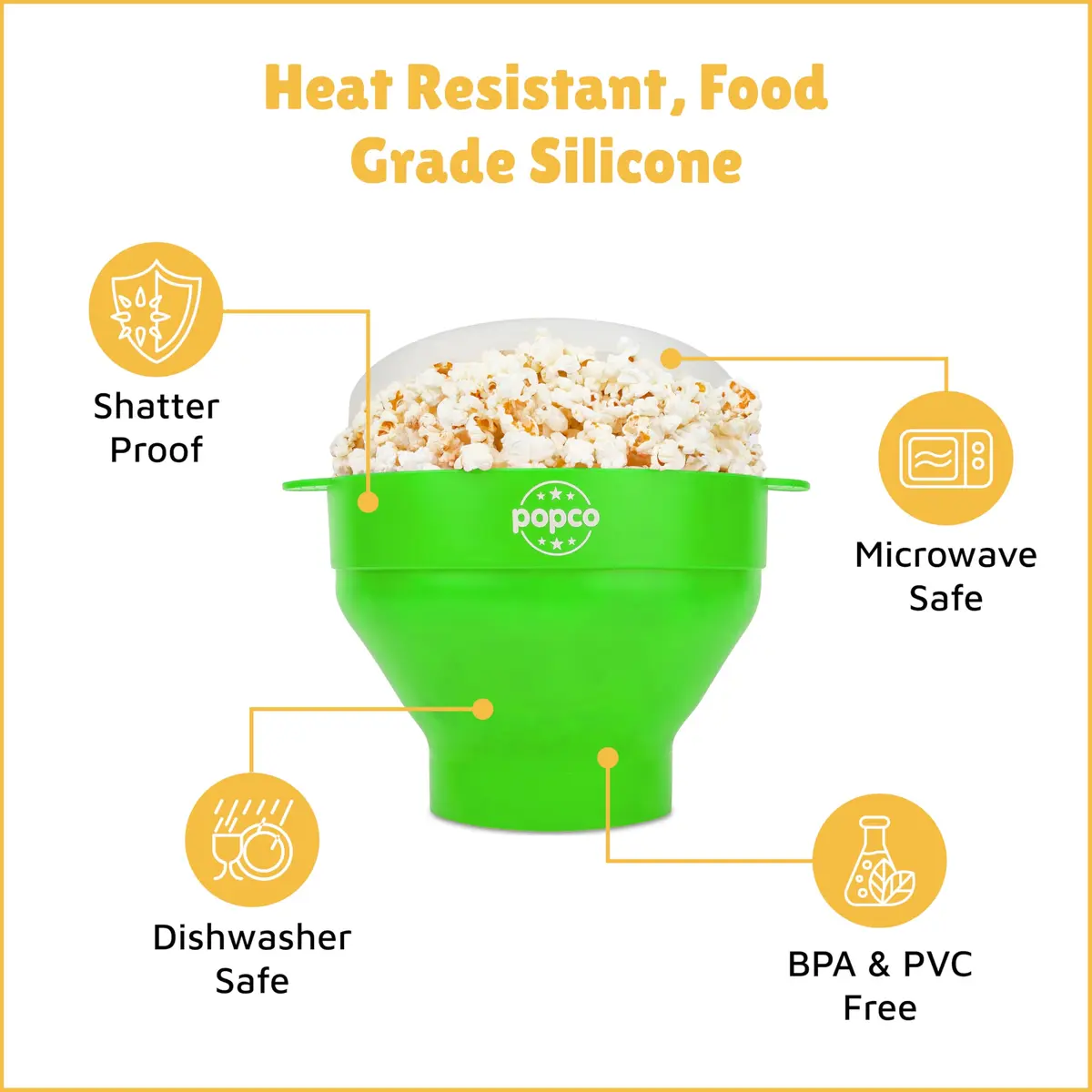 POPCO Silicone Popcorn Popper Large 15 Cup Capacity Green | Collapsible Microwave Popcorn Maker with Handles & Lid - view 6