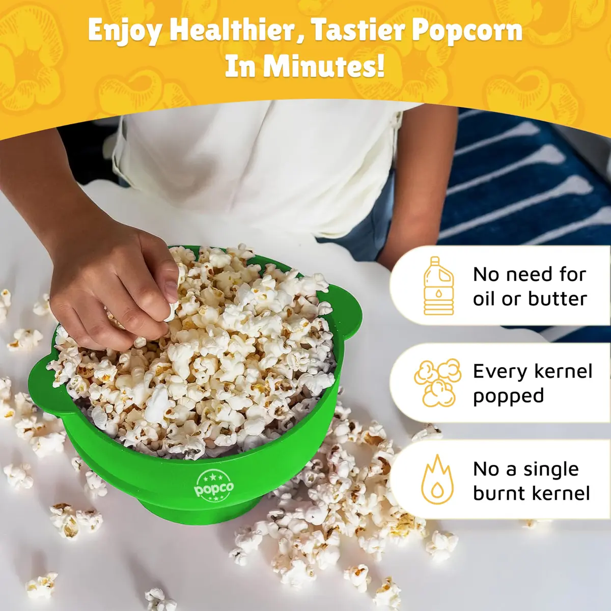 POPCO Silicone Popcorn Popper Large 15 Cup Capacity Green | Collapsible Microwave Popcorn Maker with Handles & Lid - view 2