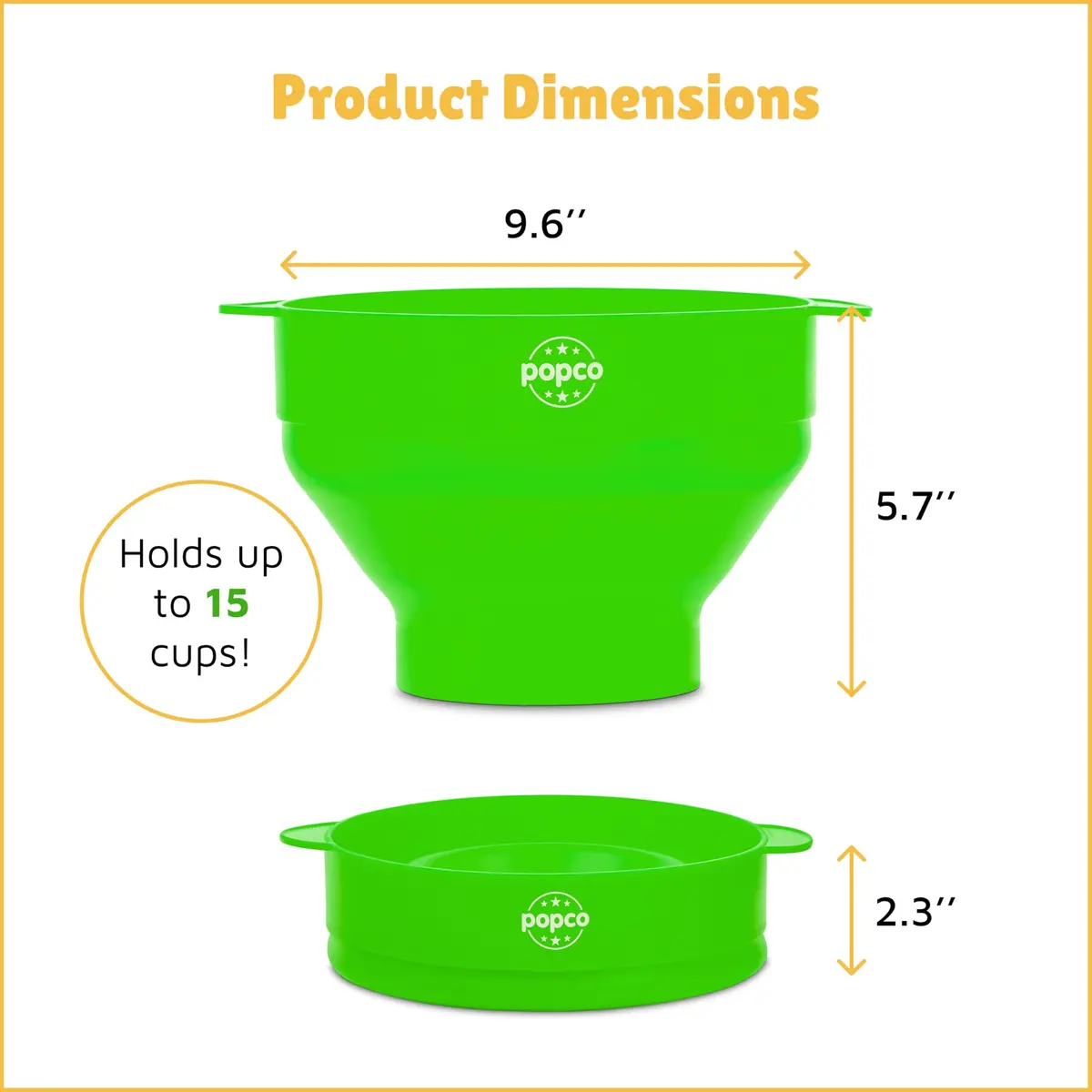 POPCO Silicone Popcorn Popper Large 15 Cup Capacity Green | Collapsible Microwave Popcorn Maker with Handles & Lid - view 3
