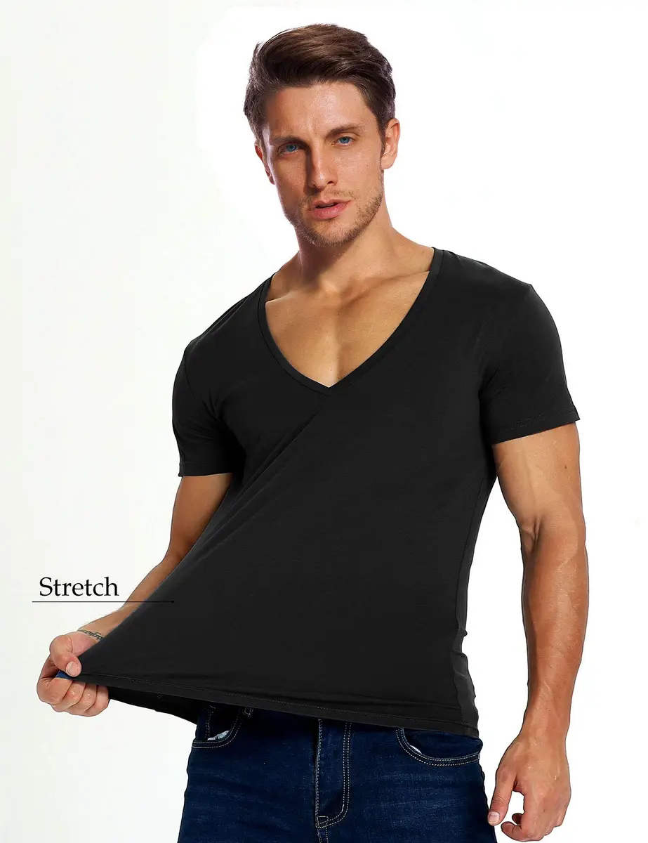 Zecmos Men's Black V Neck T-Shirt Slim Fit 100% Cotton | Lightweight Undershirt - view 2