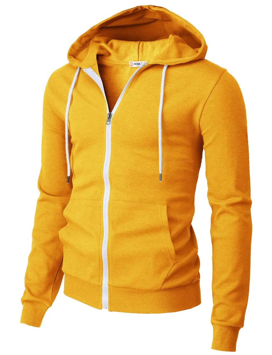 H2H Men's Slim Fit Basic Zip Up Hoodie with Kanga Pocket and White Zipper and String for Casual MUSTARD US S/Asia M (CMOHOL048) | Sporty & Comfortable - main product image