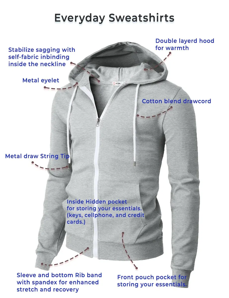 H2H Men's Slim Fit Basic Zip Up Hoodie with Kanga Pocket and White Zipper and String for Casual MUSTARD US S/Asia M (CMOHOL048) | Sporty & Comfortable - view 5