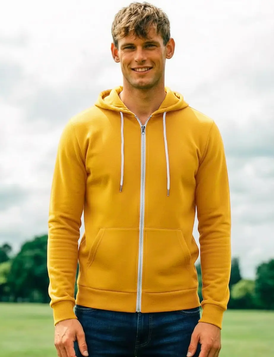 H2H Men's Slim Fit Basic Zip Up Hoodie with Kanga Pocket and White Zipper and String for Casual MUSTARD US S/Asia M (CMOHOL048) | Sporty & Comfortable - view 2