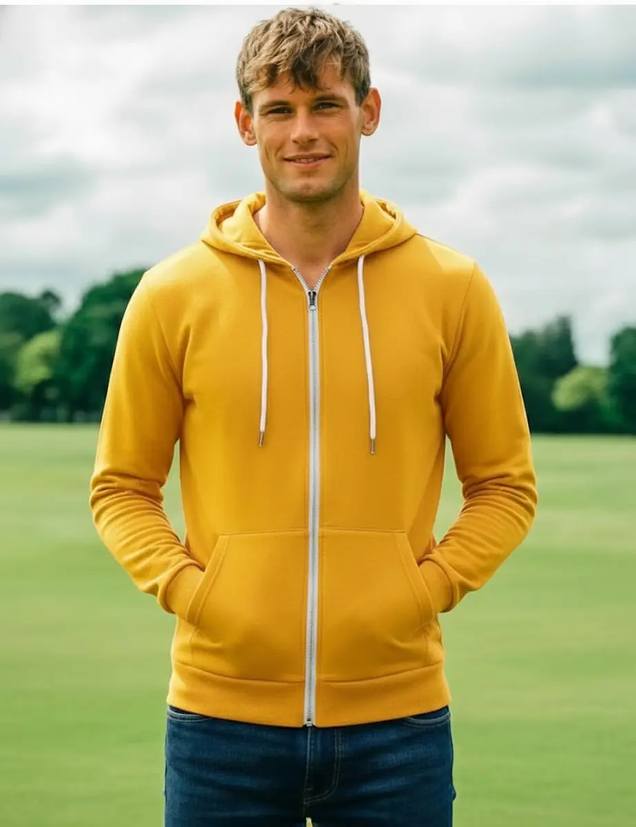 H2H Men's Slim Fit Basic Zip Up Hoodie with Kanga Pocket and White Zipper and String for Casual MUSTARD US S/Asia M (CMOHOL048) | Sporty & Comfortable - view 3